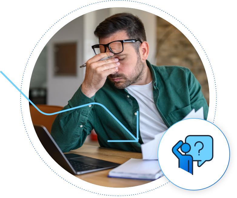 A stressed analyst reviewing reports and missed orders